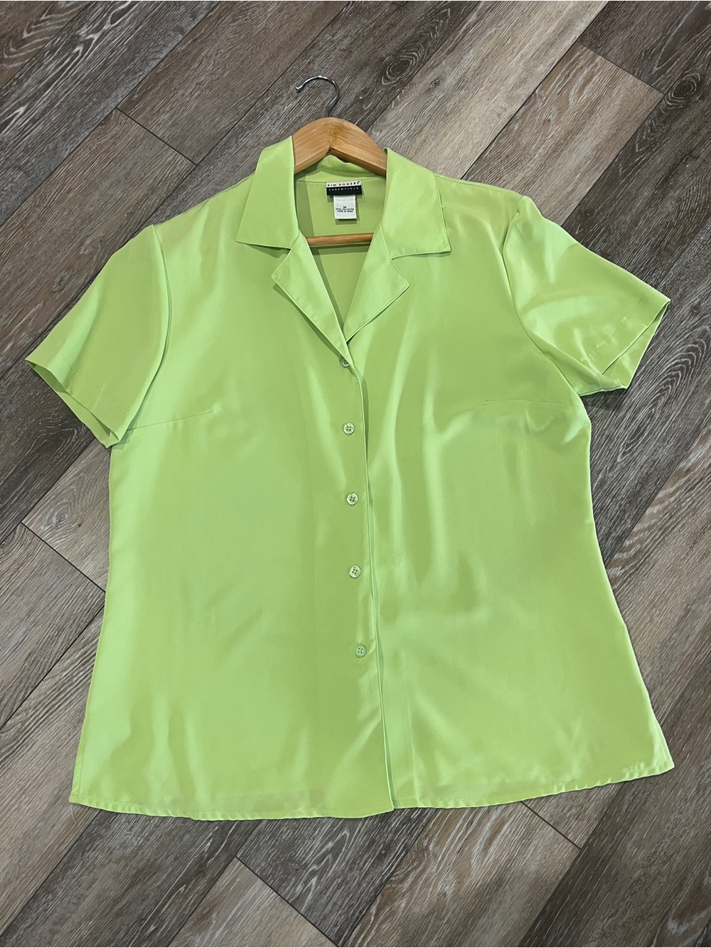 Vintage lime green Kim Rogers short-sleeve button-up blouse featuring a classic
